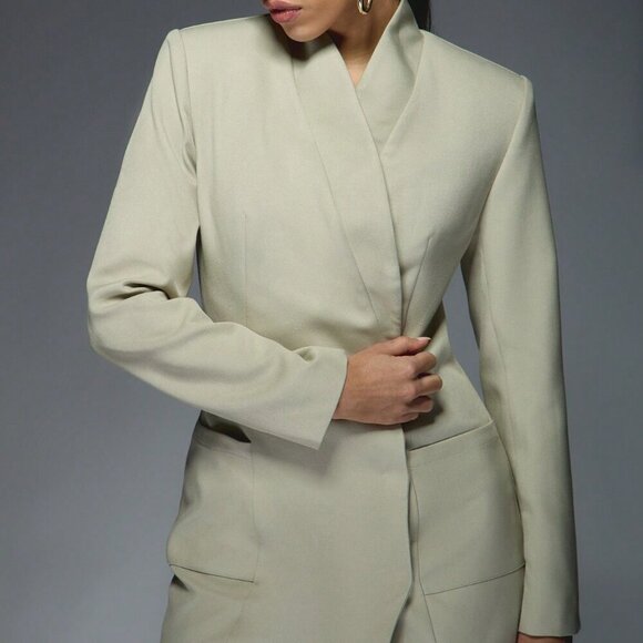 Mint Green Elegant Women's Curved Neckline Stiff Shoulder Blazer Dress - Picture 3 of 7